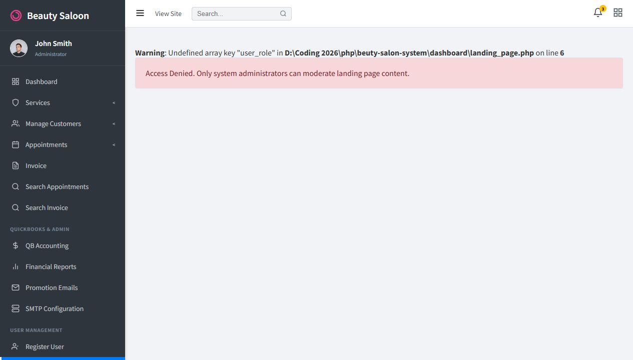 Landing page management screen